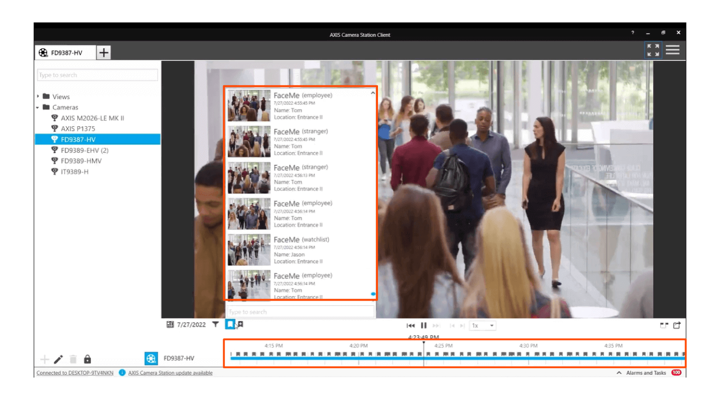 可在影像管理平台，自動將人臉辨識結果標註於影像時間軸上，縮短事件影像搜尋時間。